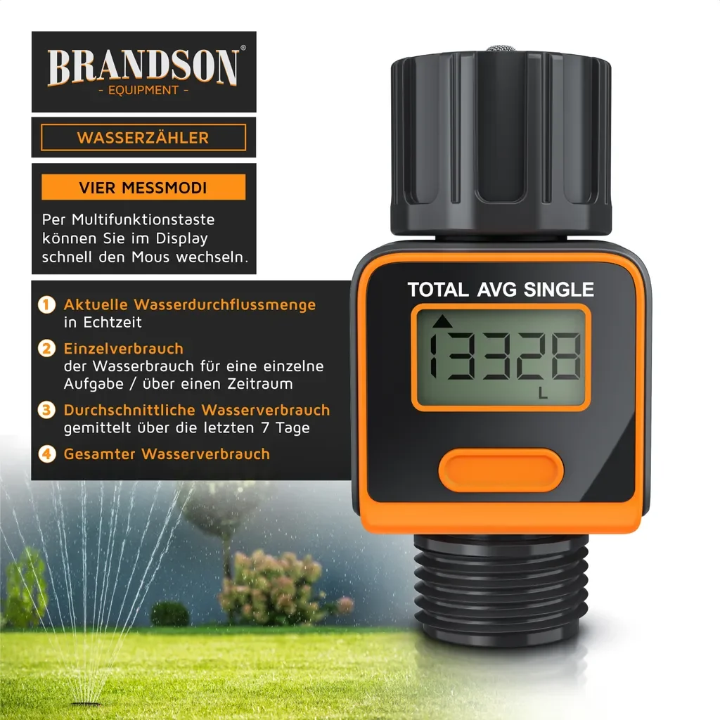 Brandson Digitaler Wasserzähler Durchflussmesser Garten IPX6 4 Modi