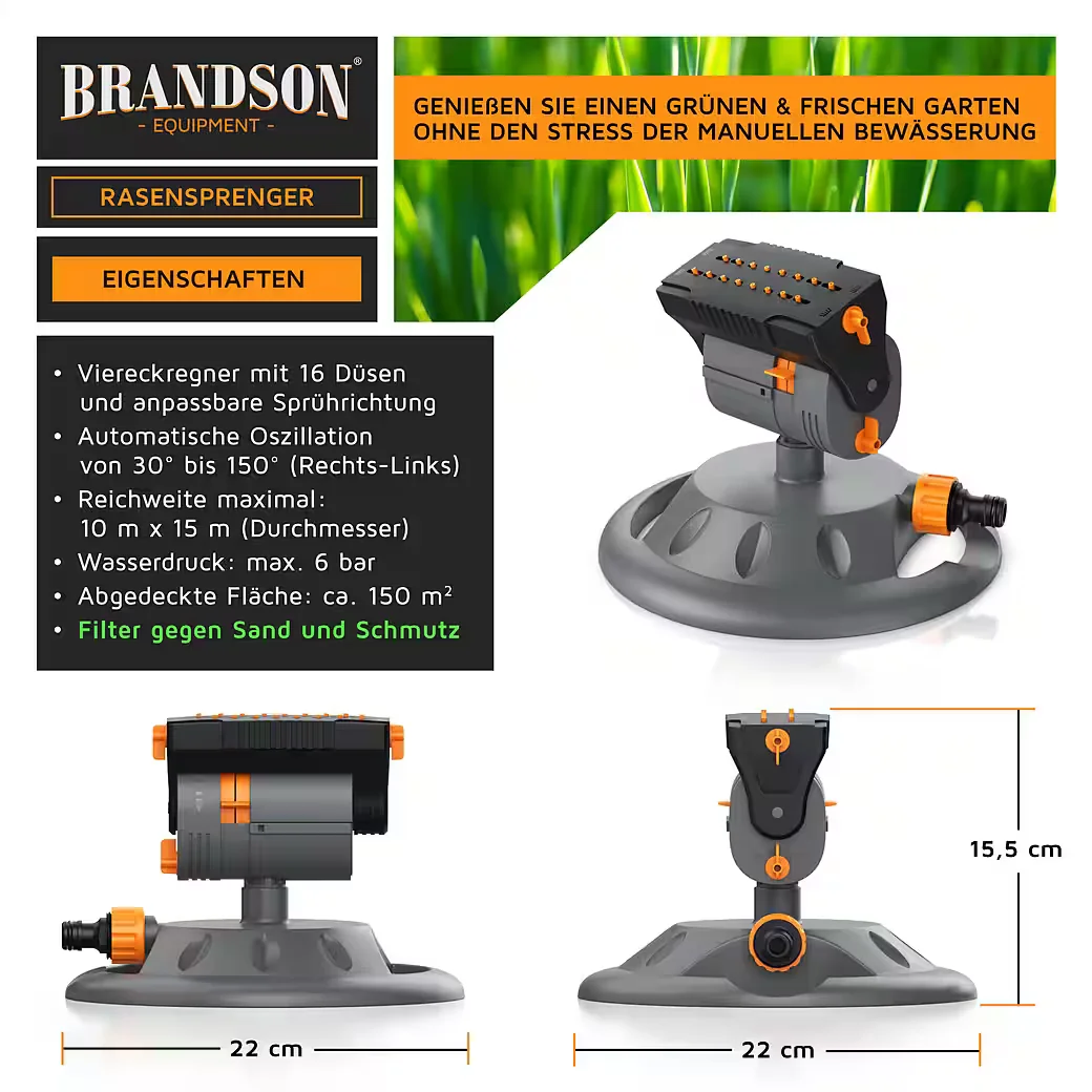 Brandson Viereckregner Garten Rasensprenger Oszillationsregner 150 m2
