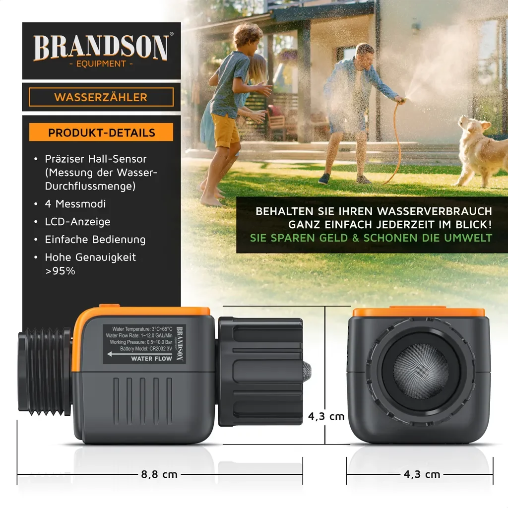 Brandson Digitaler Wasserzähler Durchflussmesser Garten IPX6 4 Modi